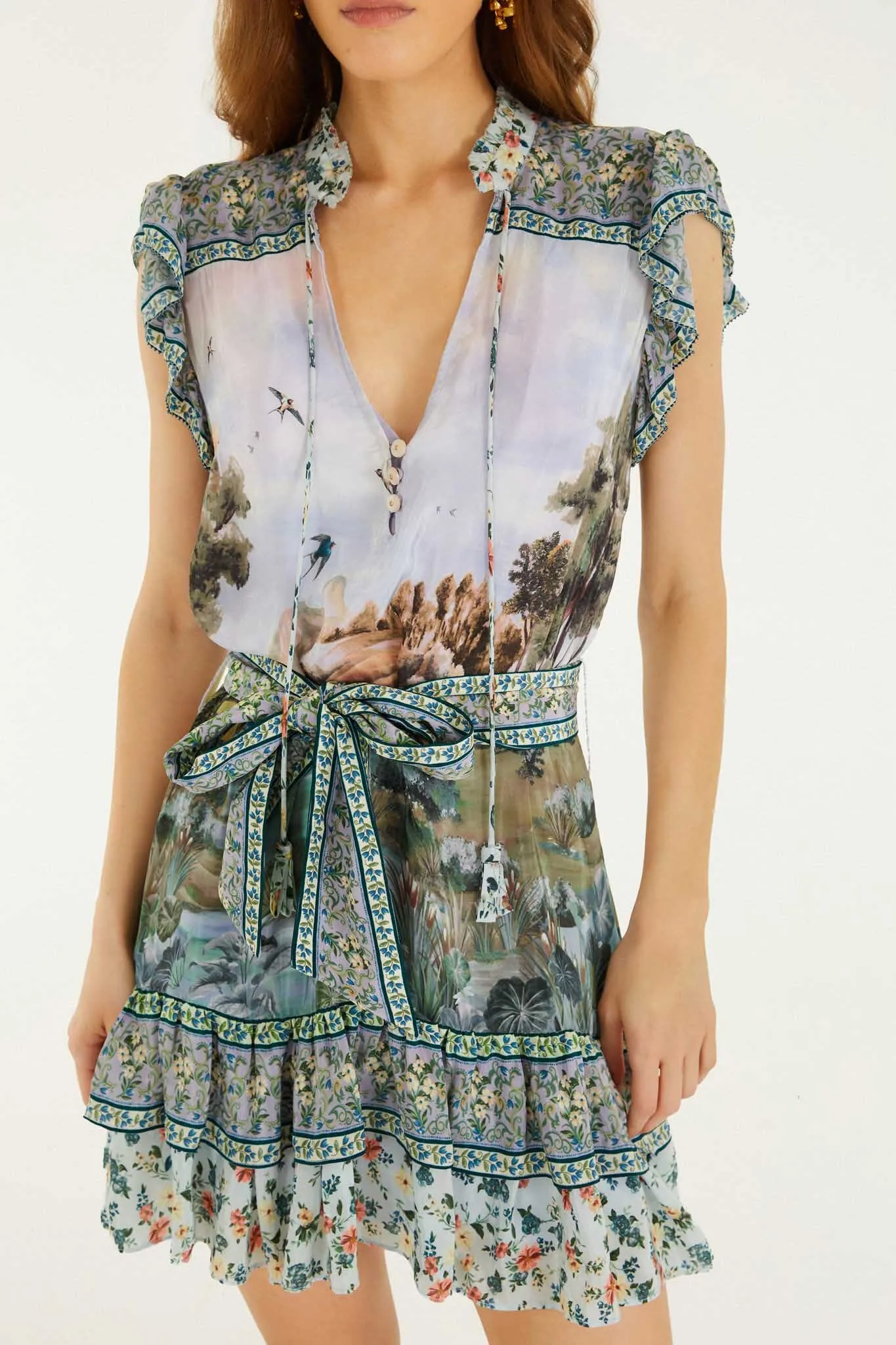 Multicolor Countryside Landscape Belted Ruffled Mini Dress sold by FARM Rio product image thumbnail 2