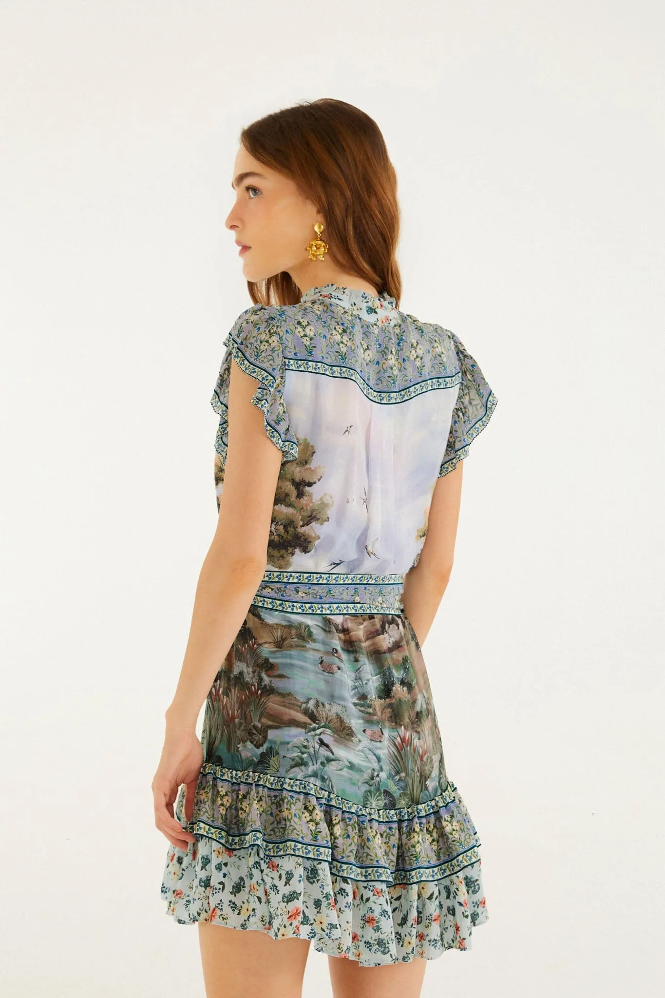Multicolor Countryside Landscape Belted Ruffled Mini Dress sold by FARM Rio product image thumbnail 3