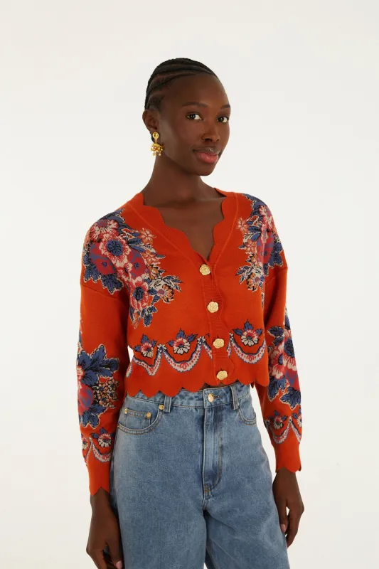 Terracota Victorian Floral Buttoned Knit Cardigan made by FARM Rio