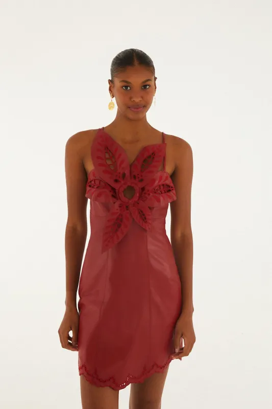 Red 3d Richelieu Flower Leather Mini Dress made by FARM Rio