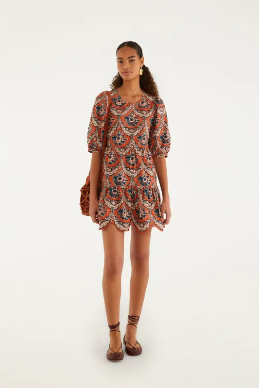 Terracotta Victorian Floral Puff Sleeve Mini Dress made by FARM Rio