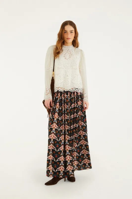 Black Porcelain Birds Pleats Maxi Skirt made by FARM Rio