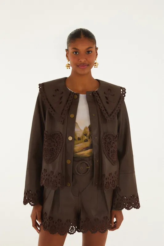 Dark Brown Hearts Richelieu Leather Jacket made by FARM Rio