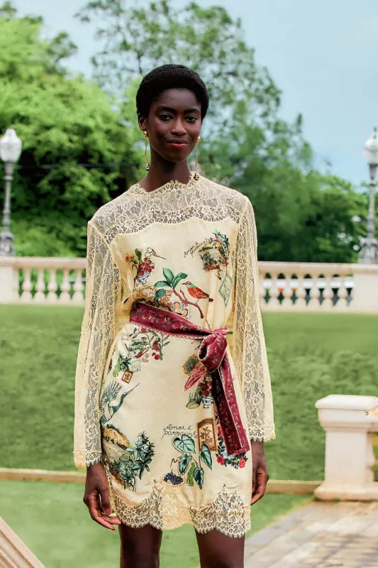 Bird Poetry Lace Long Sleeve Mini Dress made by FARM Rio