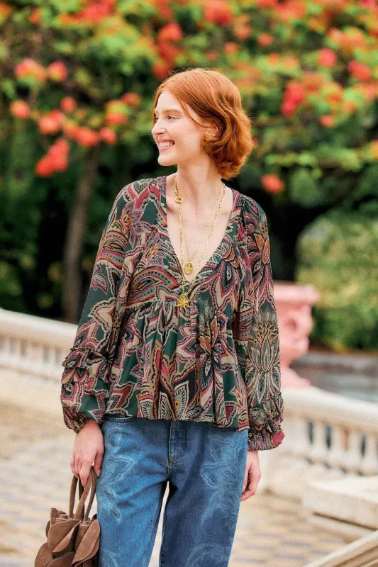 Tapestry Flowers Ruffled Blouse made by FARM Rio