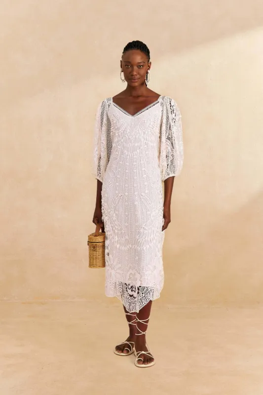 Off-White Guipure Midi Dress sold by FARM Rio