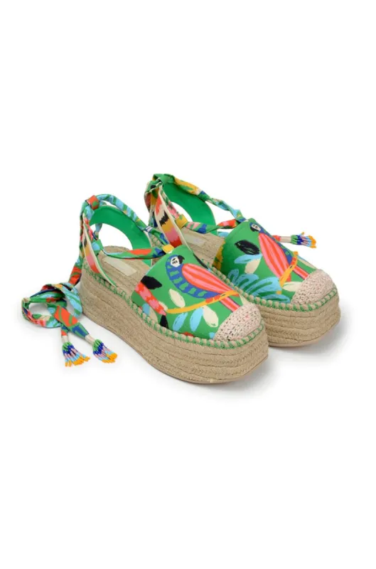 Green Forest Birds Espadrille Platform Sandal sold by FARM Rio