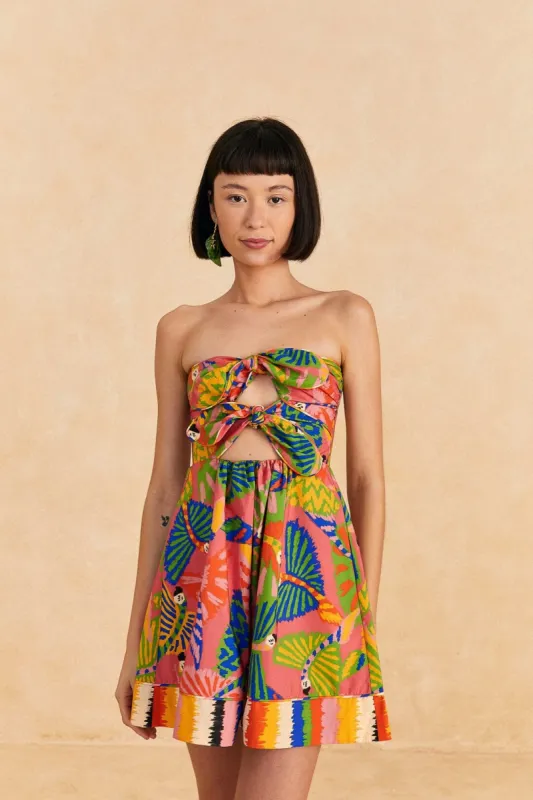 Coral Graphic Macaws Organic Cotton Mini Dress made by FARM Rio
