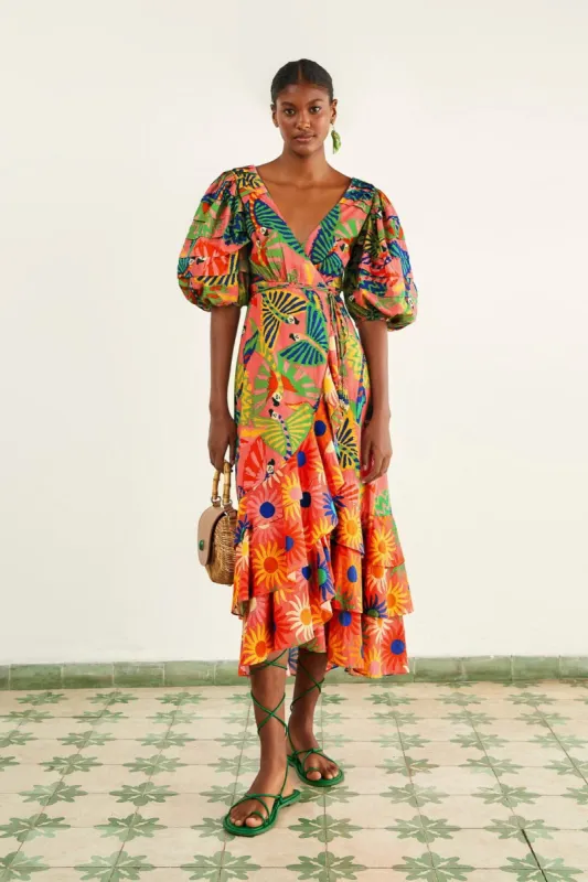 Coral Mixed Graphic Macaws Puff Sleeve Midi Dress sold by FARM Rio