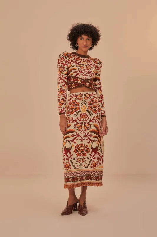 Cream Toucans Scarf Knit Midi Skirt sold by FARM Rio