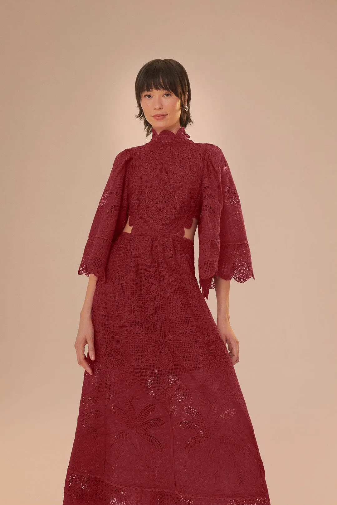 Dark Magenta Guipire Cut-Out Midi Dress sold by FARM Rio