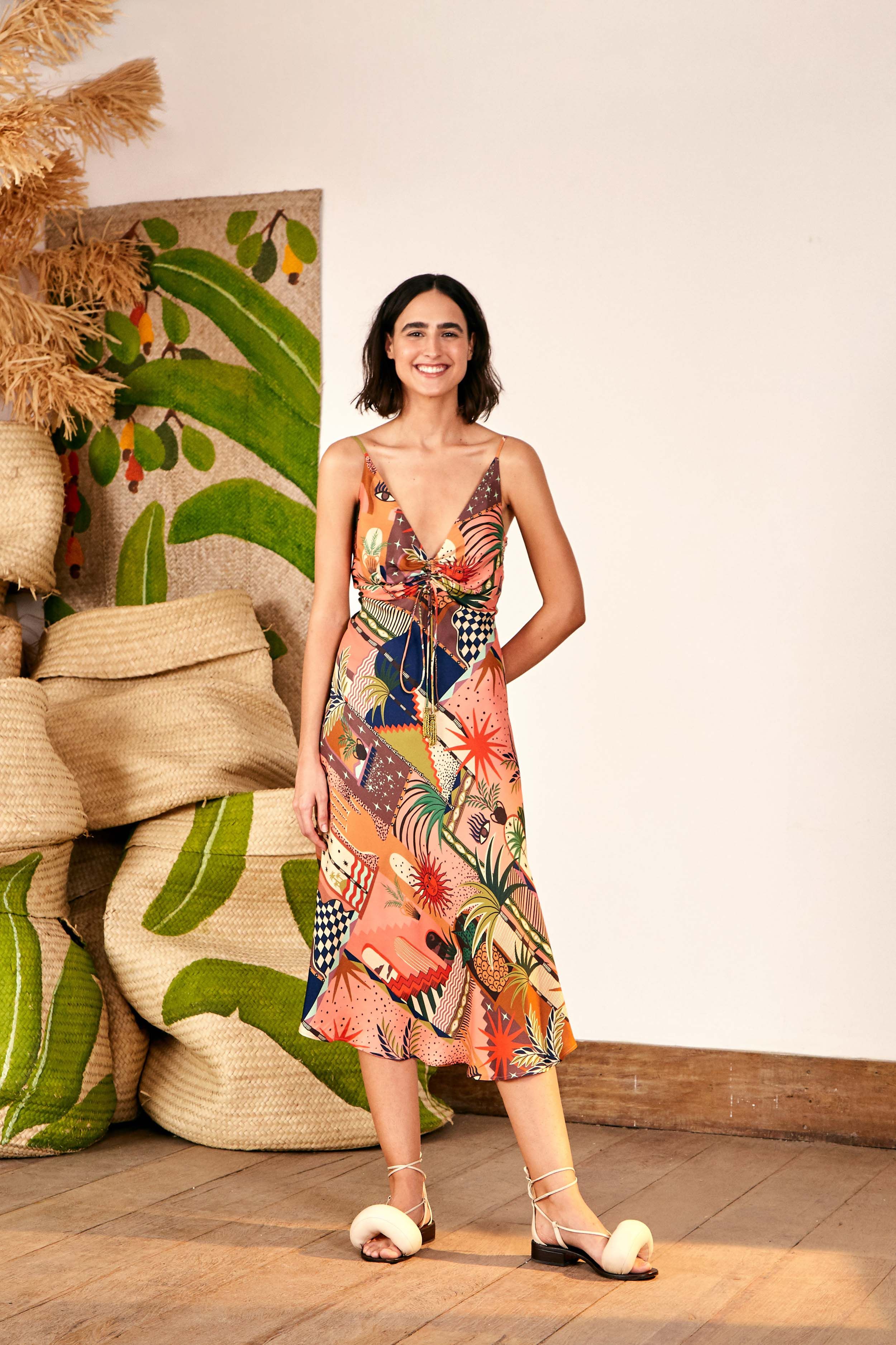 knee length dresses for ladies Farm Rio Red Garden Delight Long Sleeve Midi Dress, Garden Delight Red / Xs main image 0
