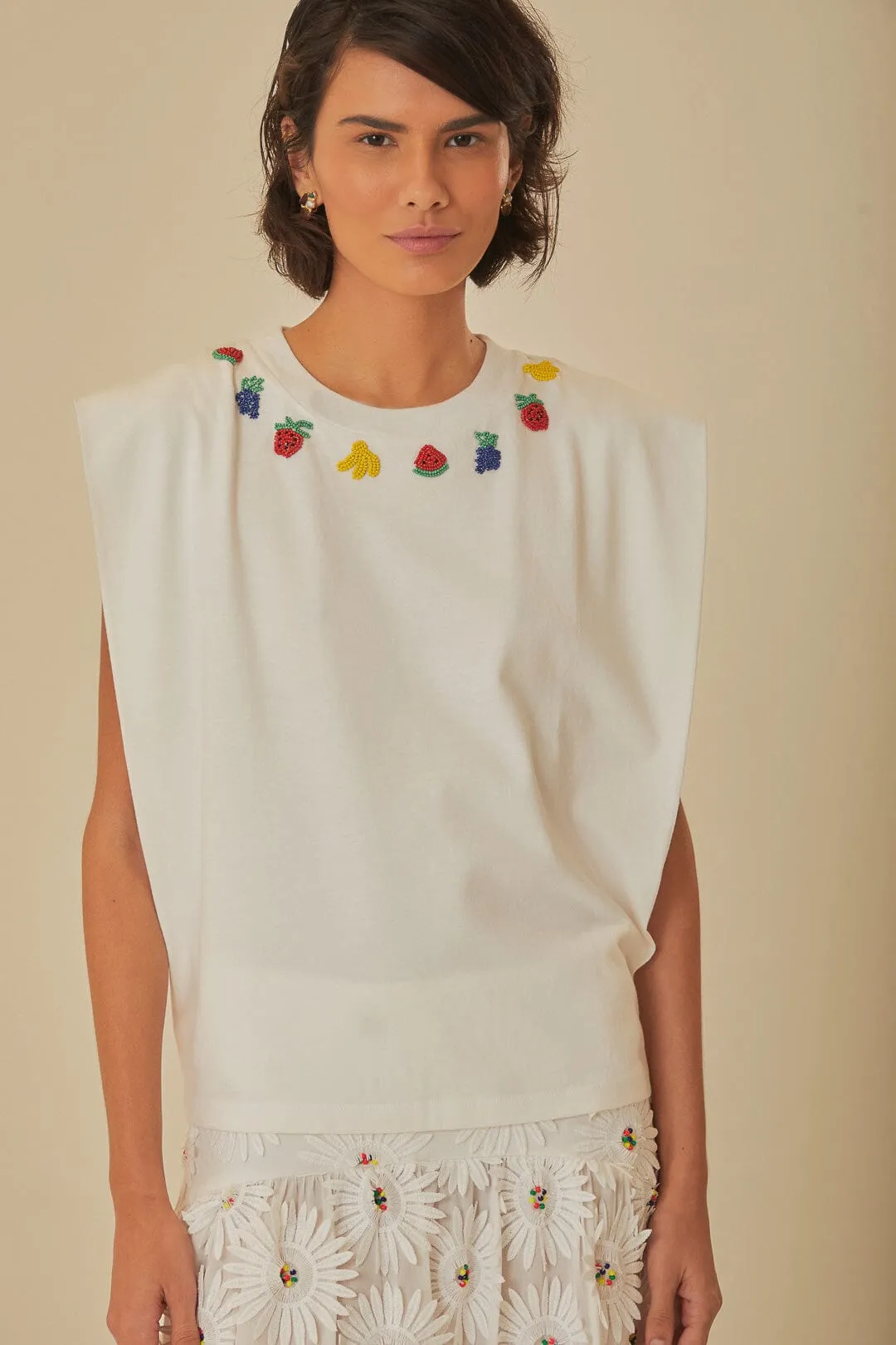 White Beaded Fruits Organic Cotton T-Shirt sold by FARM Rio