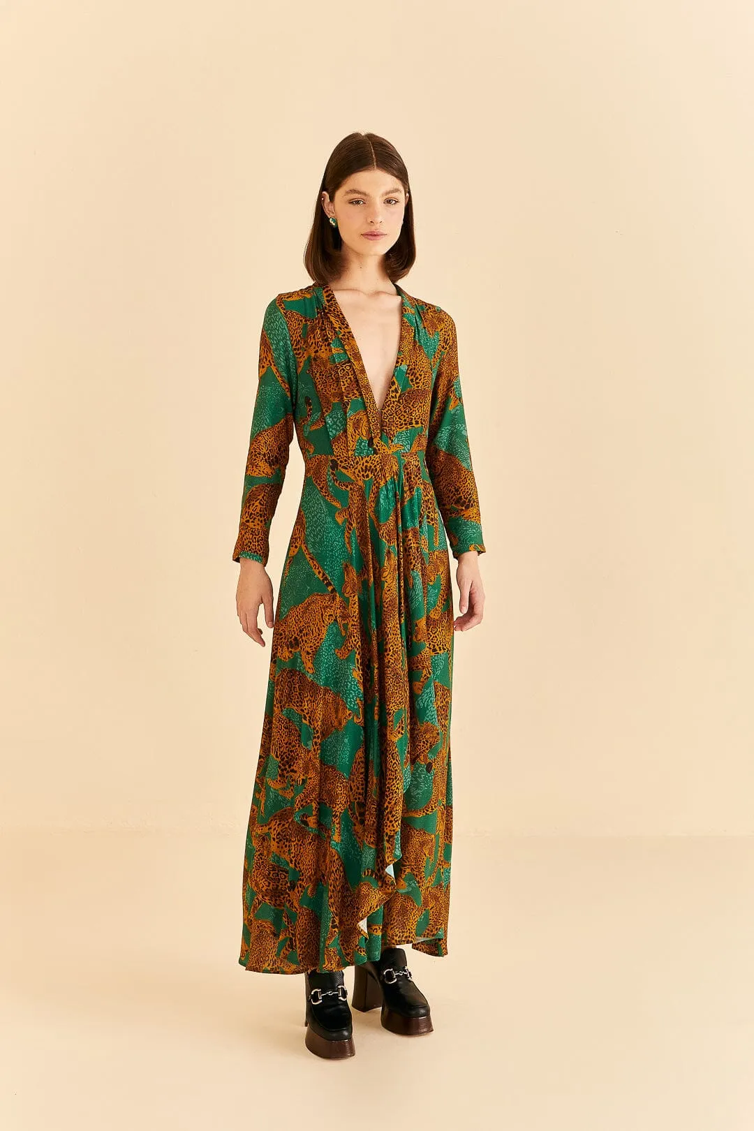 Green Artsy Leopards Long Sleeve Maxi Dress sold by FARM Rio
