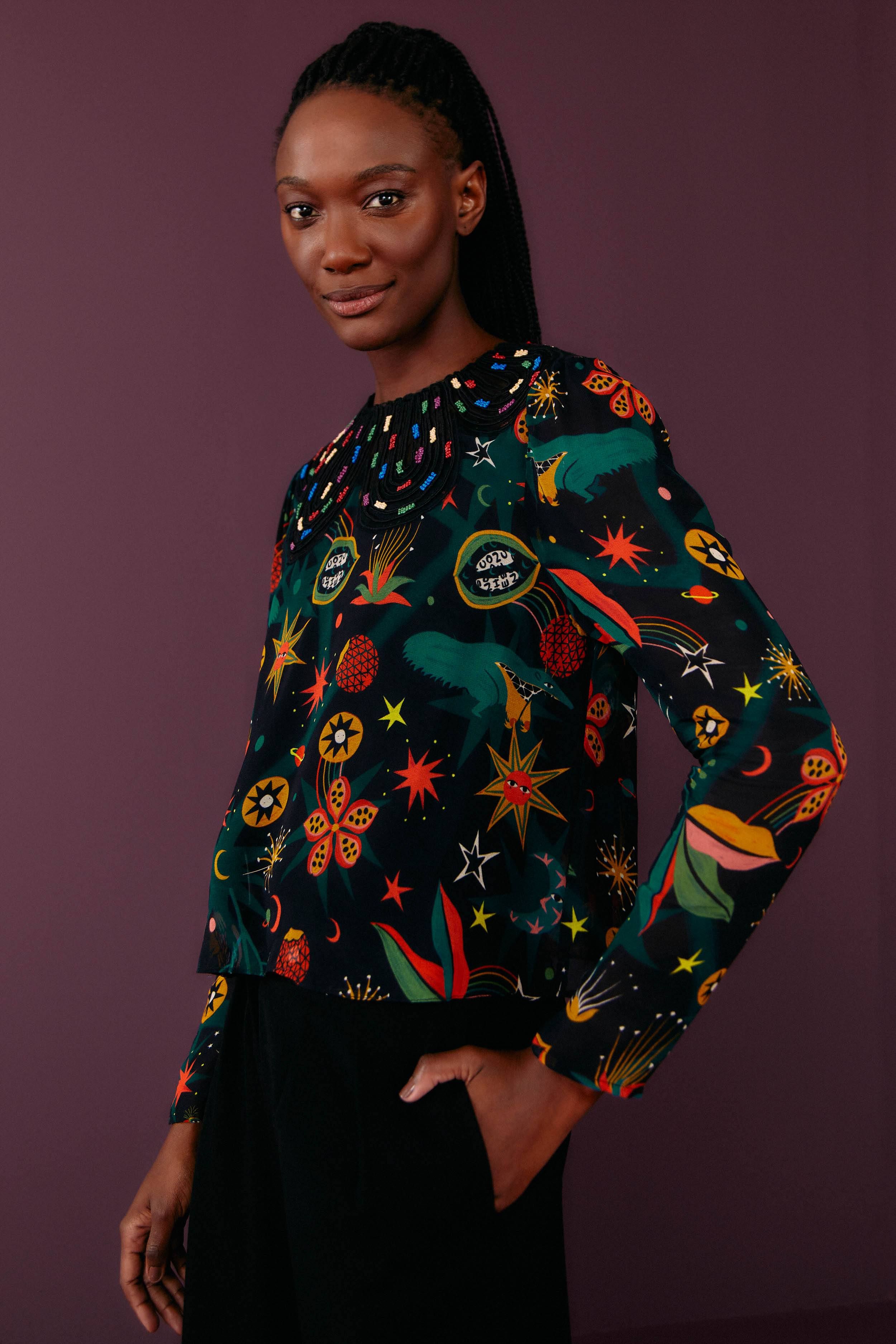 Black Cerrado Sky Embroidered Blouse sold by FARM Rio