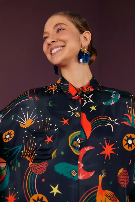 Black Cerrado Sky Lenzing™ Ecovero™ Viscose Shirtdress sold by FARM Rio