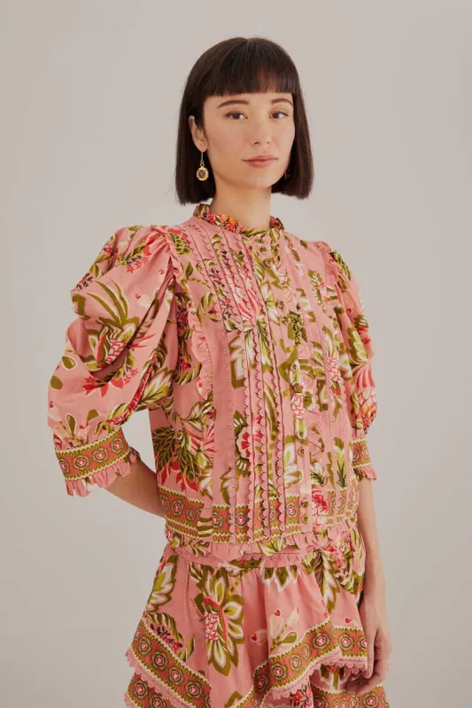 Soft Pink Aura Floral Short Sleeve Blouse sold by FARM Rio