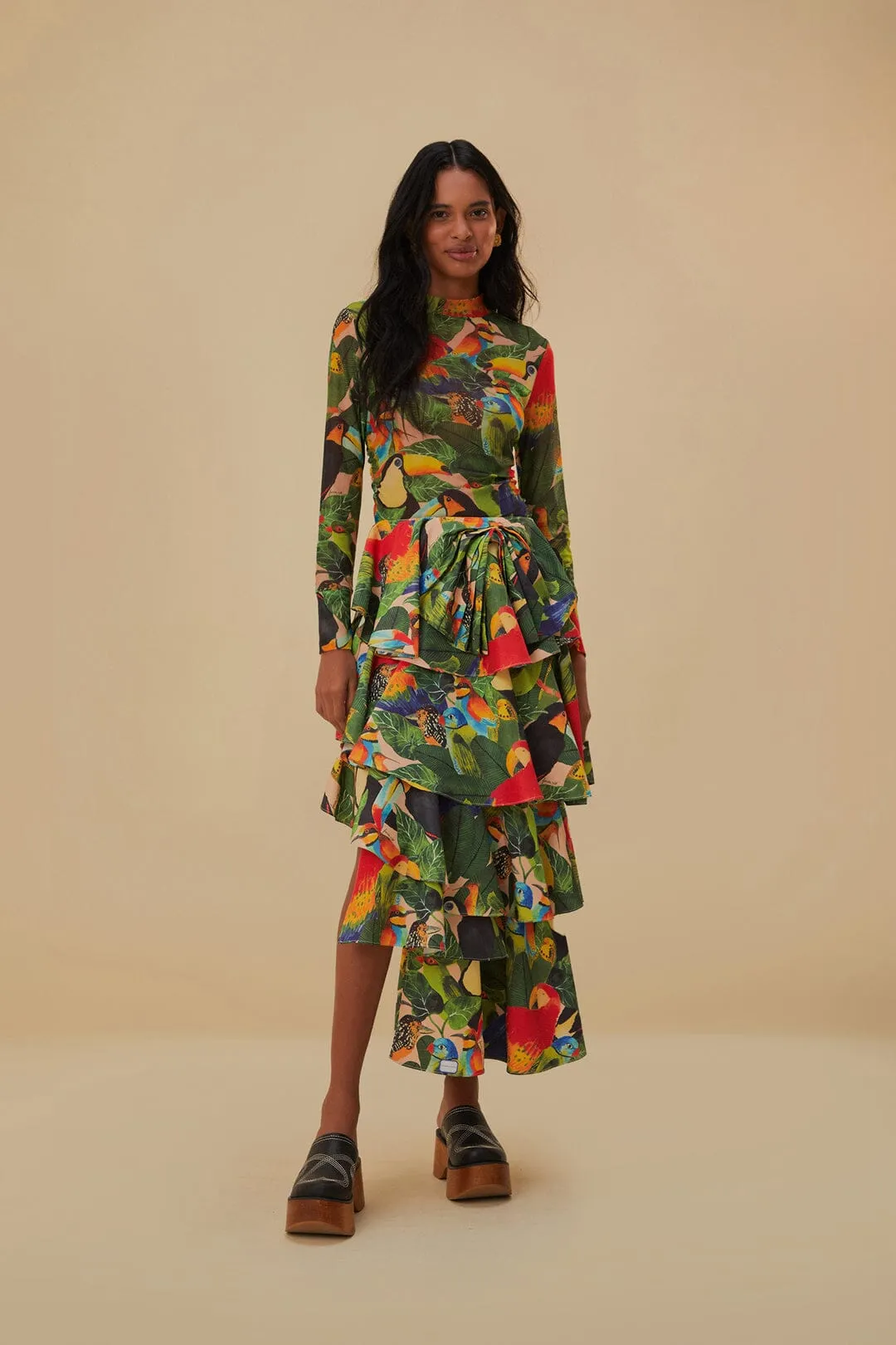 Bird Leaves Sand Tiered Bow Detail Maxi Skirt sold by FARM Rio