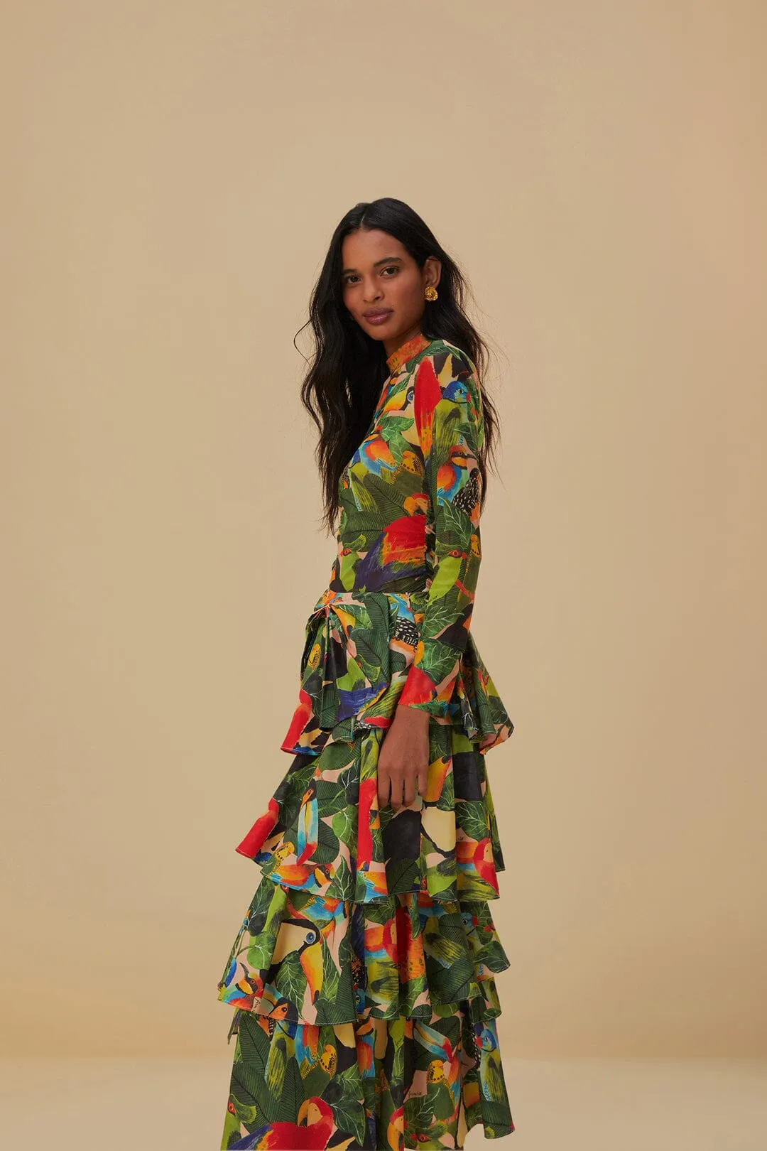 Bird Leaves Sand Tiered Bow Detail Maxi Skirt sold by FARM Rio product image thumbnail 3