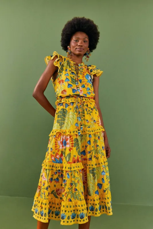 Yellow Summer Garden Frill Midi Dress sold by FARM Rio