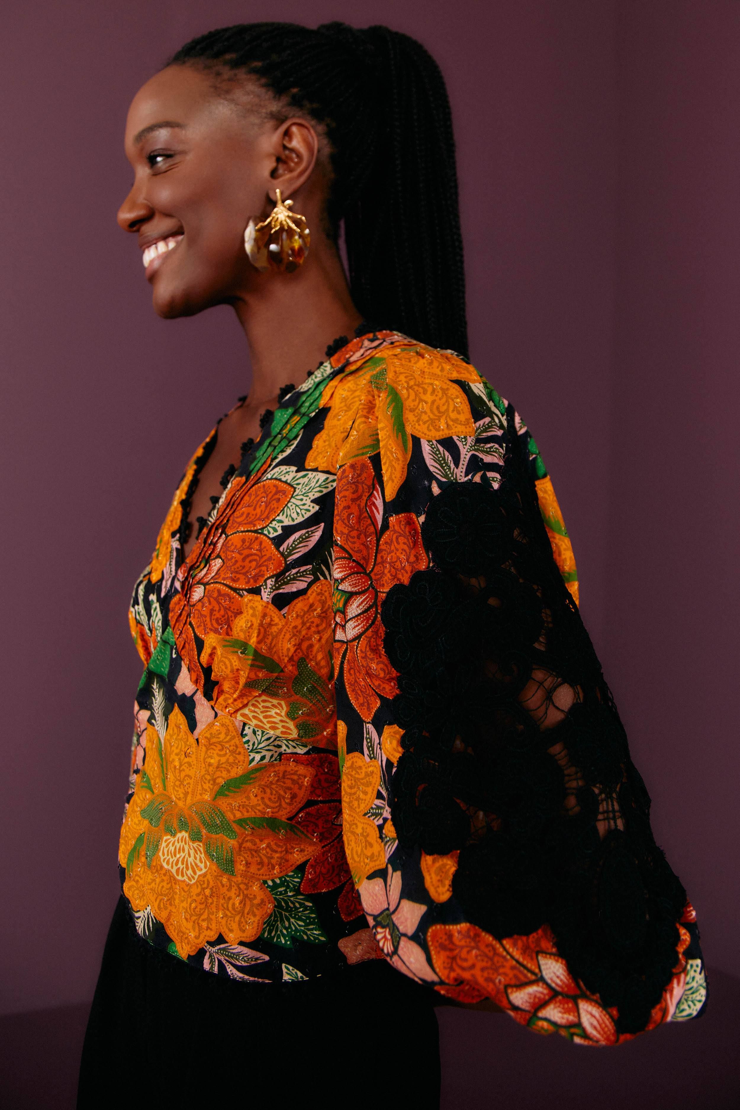 Black Garden Puff Sleeve Blouse sold by FARM Rio