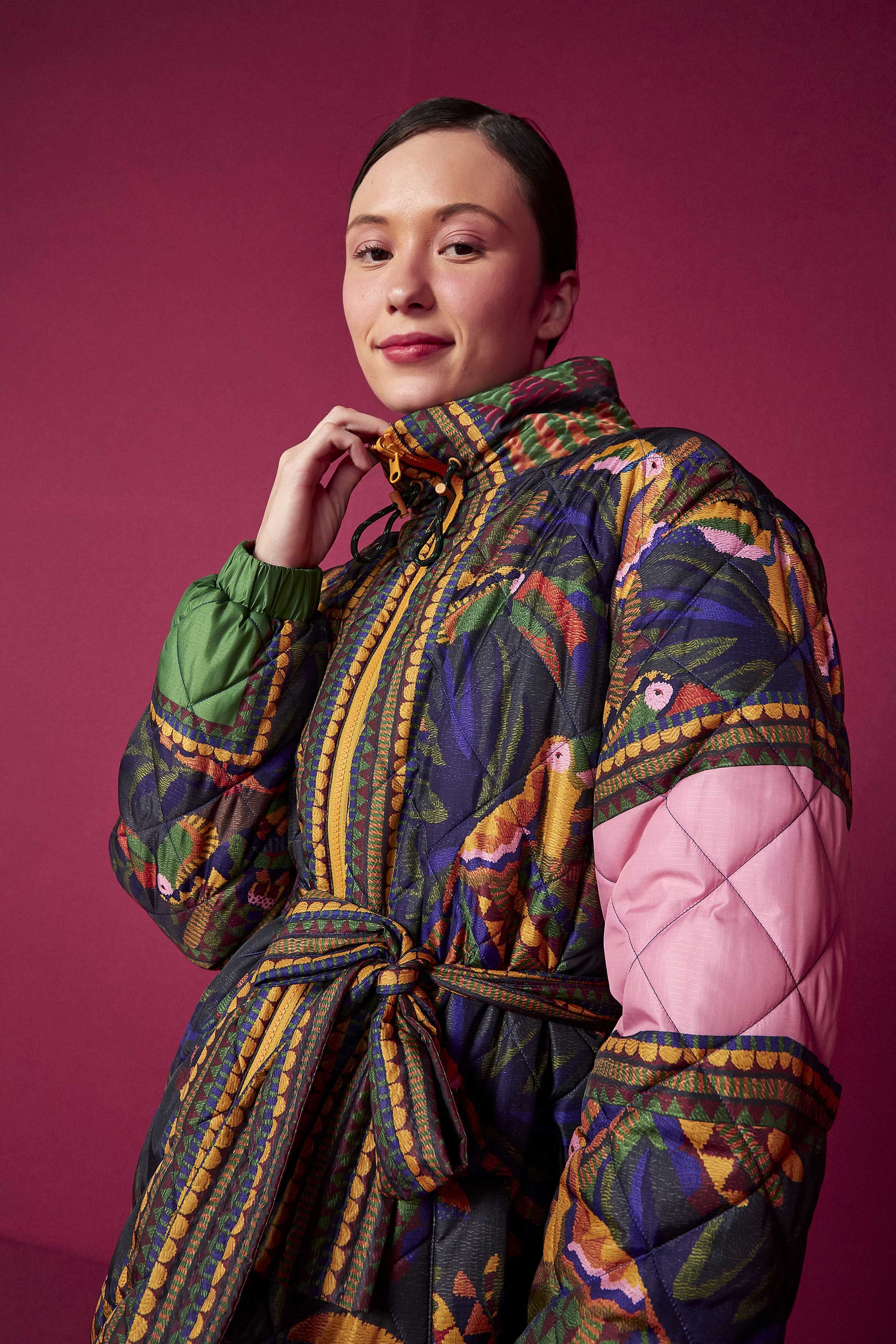 Black Graphic Toucans Puffer Jacket sold by FARM Rio