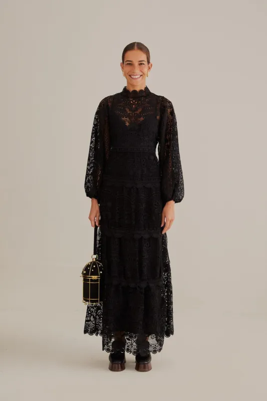 Black Guipure Long Sleeve Maxi Dress sold by FARM Rio