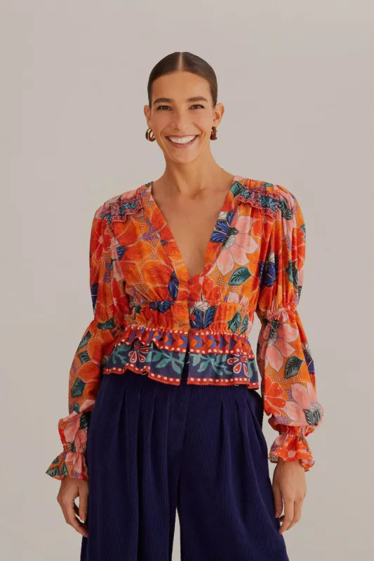 Orange Marias Floral Long Sleeve Blouse sold by FARM Rio