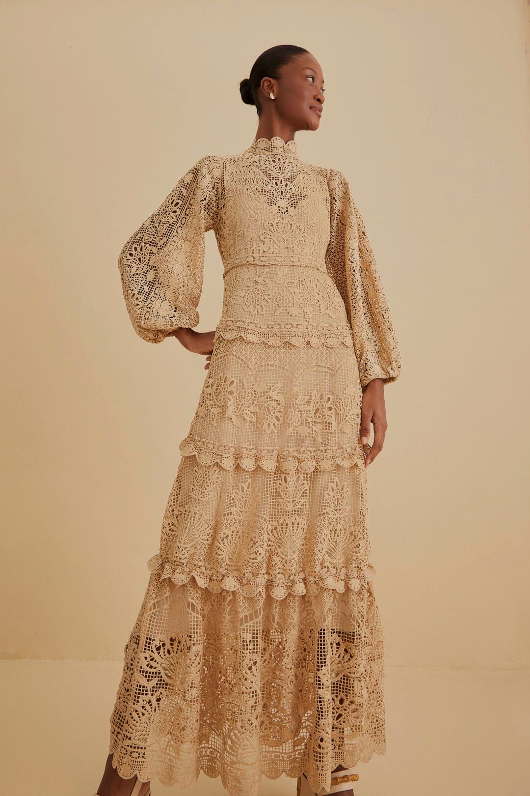 Khaki Guipure Long Sleeve Maxi Dress sold by FARM Rio product image thumbnail 2