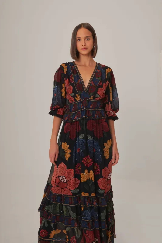 Black Stitched Garden Short Sleeve Maxi Dress sold by FARM Rio