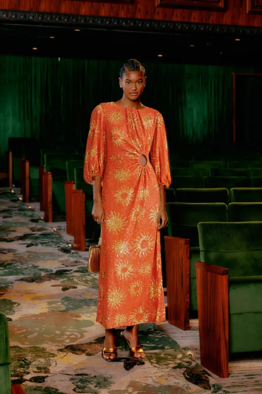 Orange Sunny Mood Sequin Cut Out Midi Dress sold by FARM Rio
