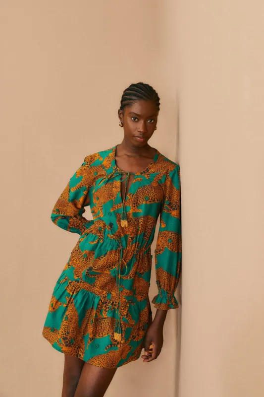 Green Artsy Leopards Long Sleeve Mini Dress sold by FARM Rio
