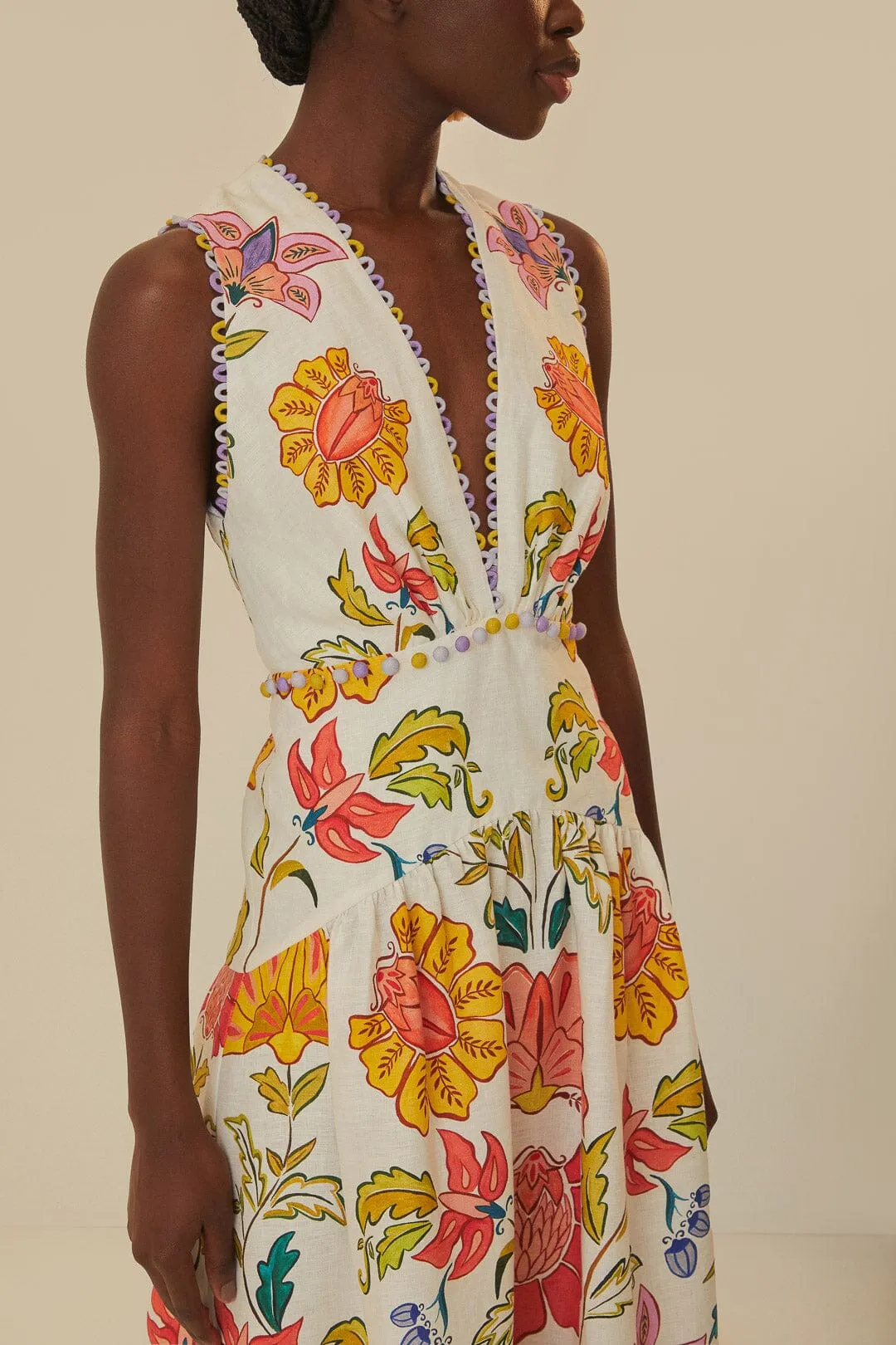 Off-White Floral Insects Euroflax™ Premium Linen Maxi Dress sold by FARM Rio product image thumbnail 3