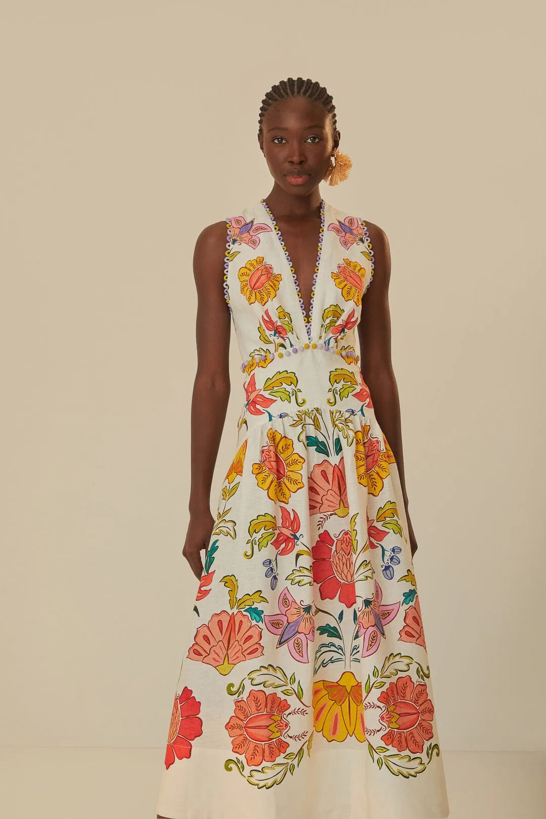 Off-White Floral Insects Euroflax™ Premium Linen Maxi Dress sold by FARM Rio product image thumbnail 2
