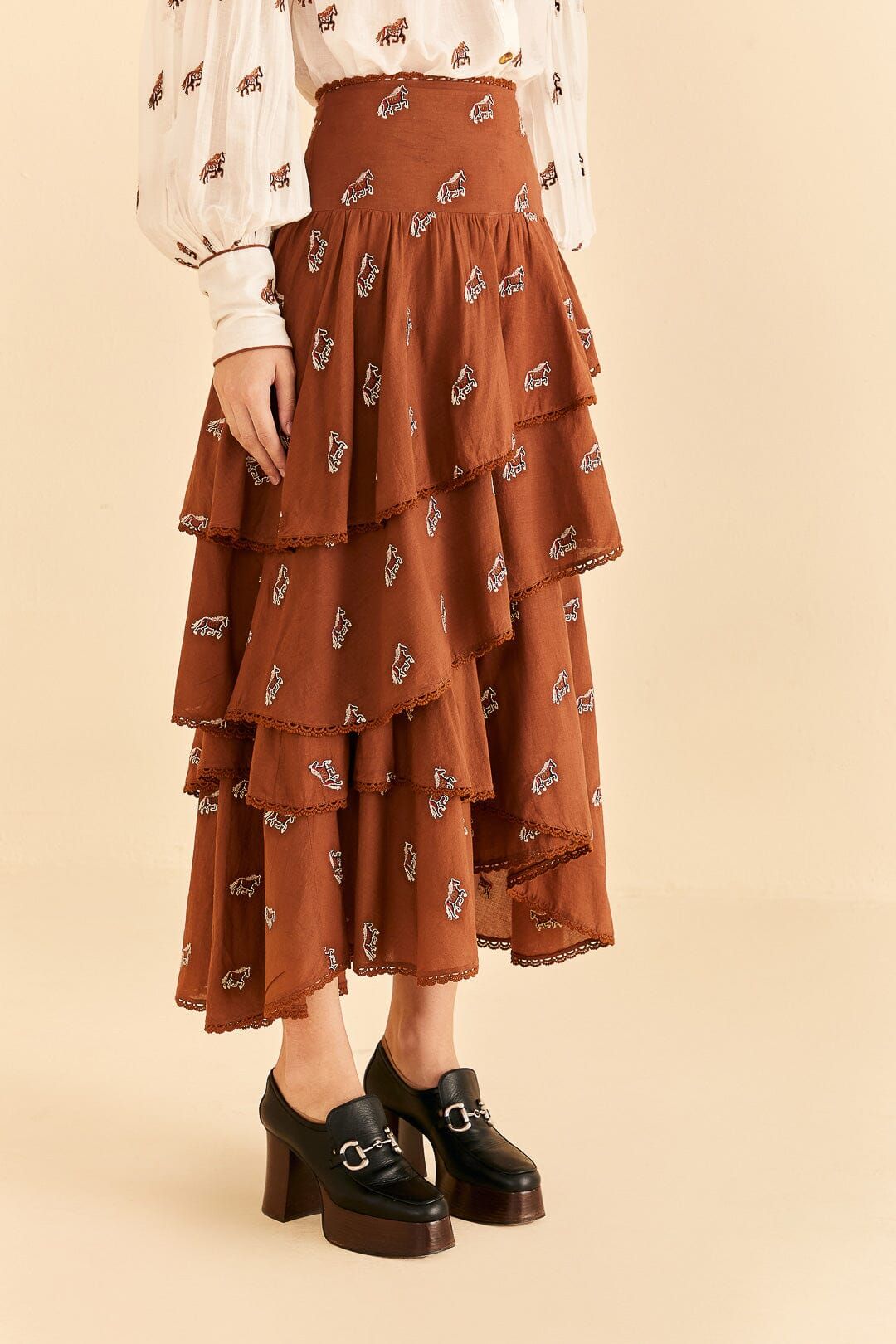 Caramel Embroidered Horses Layered Maxi Skirt sold by FARM Rio