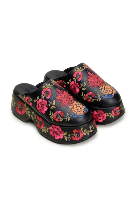 Black Flowerful Platform Mule sold by FARM Rio