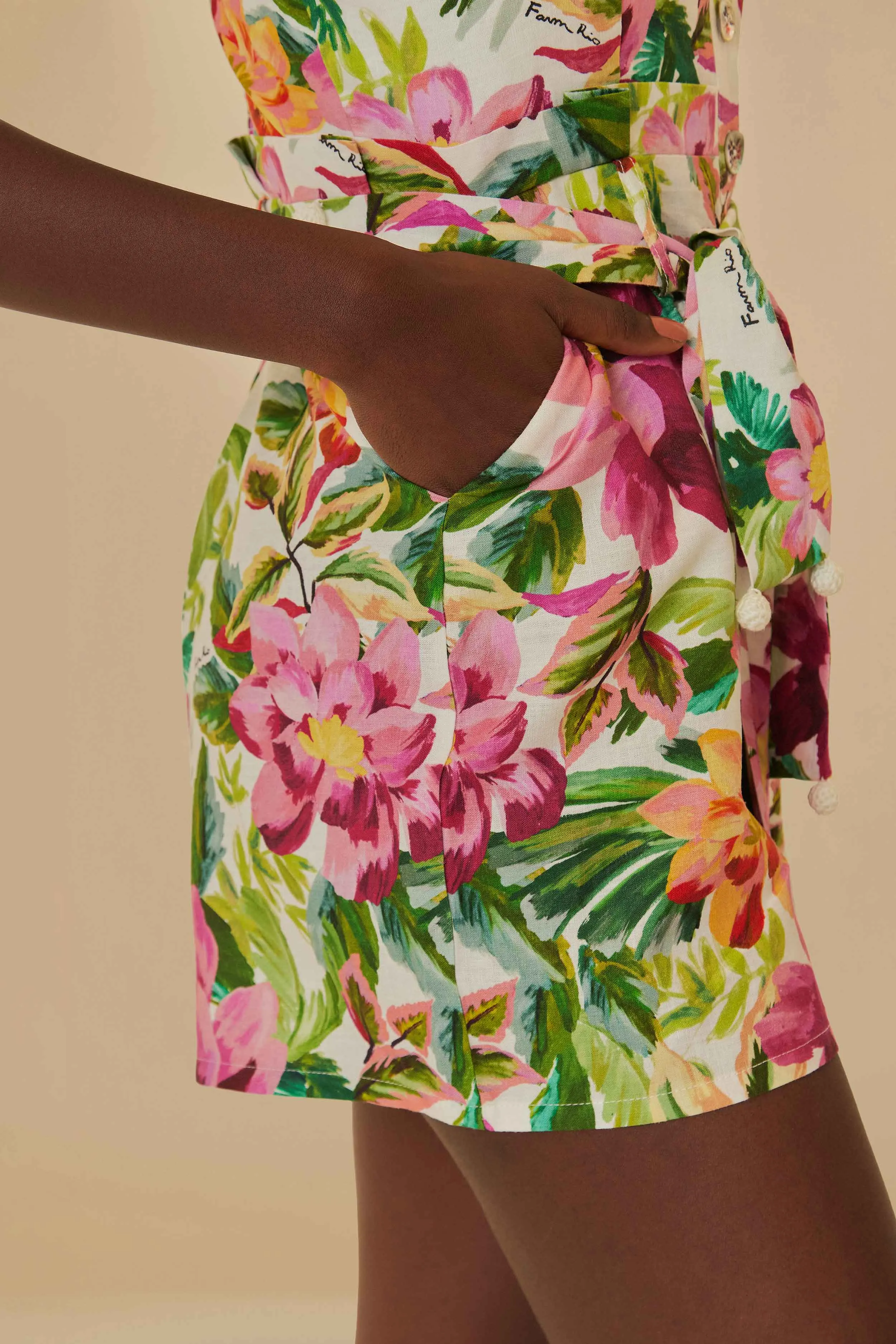 Off-White Painted Flowers LENZING™ ECOVERO™ Euroflax™ Romper sold by FARM Rio product image thumbnail 3