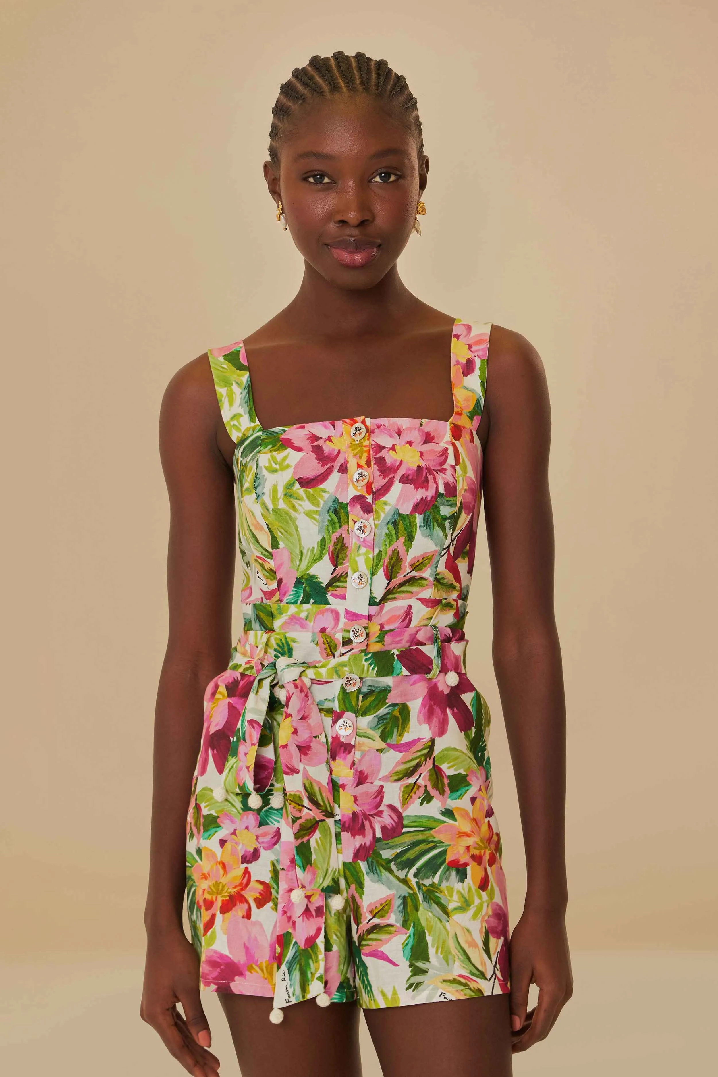 Off-White Painted Flowers LENZING™ ECOVERO™ Euroflax™ Romper sold by FARM Rio