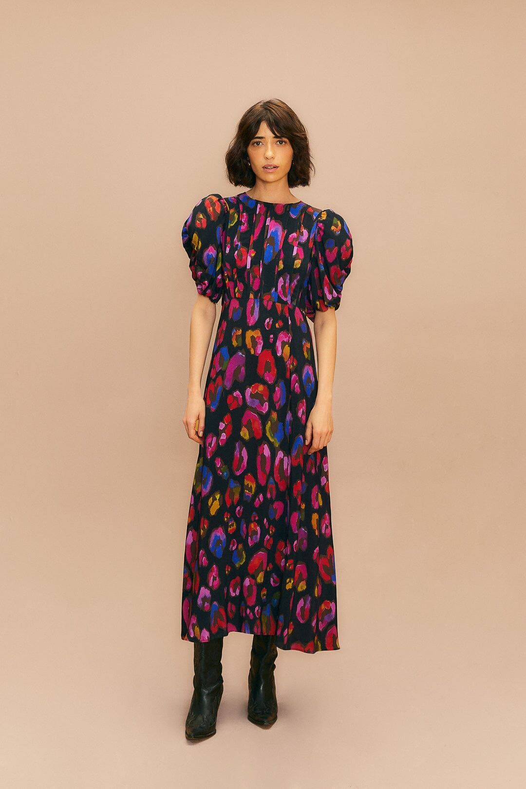 Black Iridescent Leopards Slit Midi Dress sold by FARM Rio