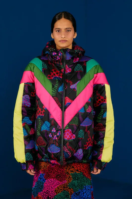 Neon Mushrooms Recycled Polyester Reversible Puffer Jacket sold by FARM Rio