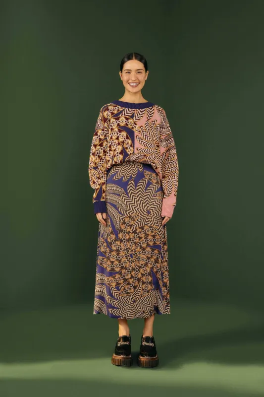 Navy Yawanawa Vanahu Lenzing™ Ecovero™ Viscose Midi Skirt sold by FARM Rio