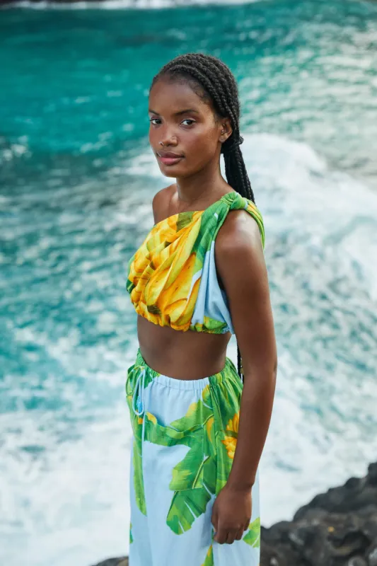 Blue Fresh Bananas One Shoulder Knot Top sold by FARM Rio