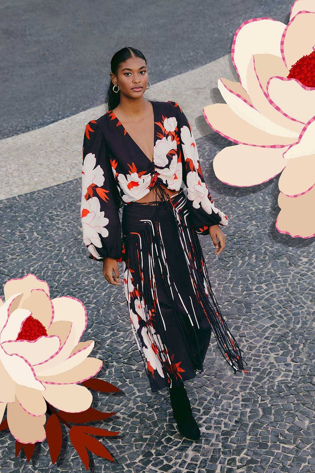 Black Peony Fringe Midi Skirt sold by FARM Rio product image thumbnail 3