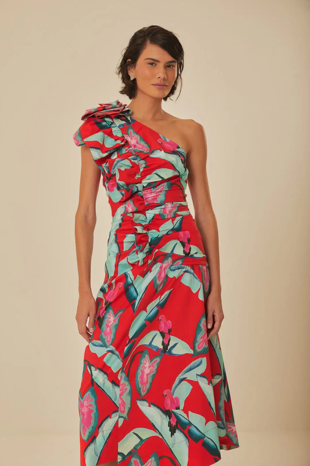 Red Summer Foliage One Shoulder Maxi Dress sold by FARM Rio product image thumbnail 3