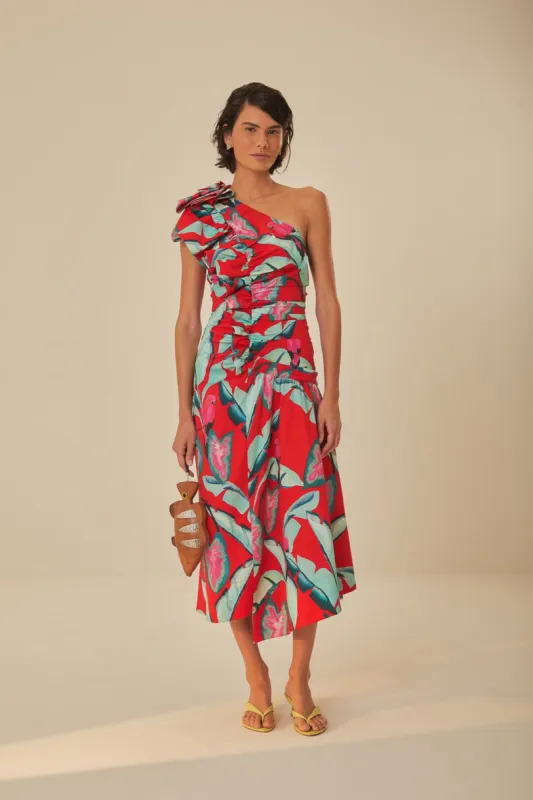 Red Summer Foliage One Shoulder Maxi Dress sold by FARM Rio