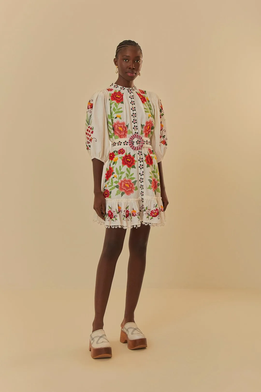 Off-White Embroidered Carmina Floral Short Sleeve Mini Dress sold by FARM Rio product image thumbnail 2