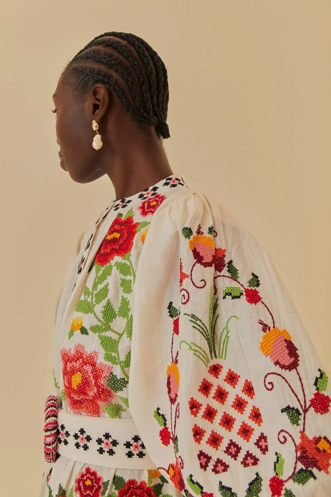 Off-White Embroidered Carmina Floral Short Sleeve Mini Dress sold by FARM Rio product image thumbnail 3