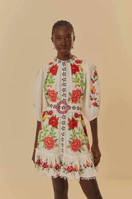 Off-White Embroidered Carmina Floral Short Sleeve Mini Dress sold by FARM Rio