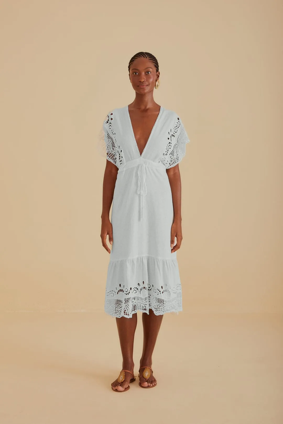 Off-White Embroidered Guipure Euroflax™ Premium Linen Midi Dress sold by FARM Rio product image thumbnail 2