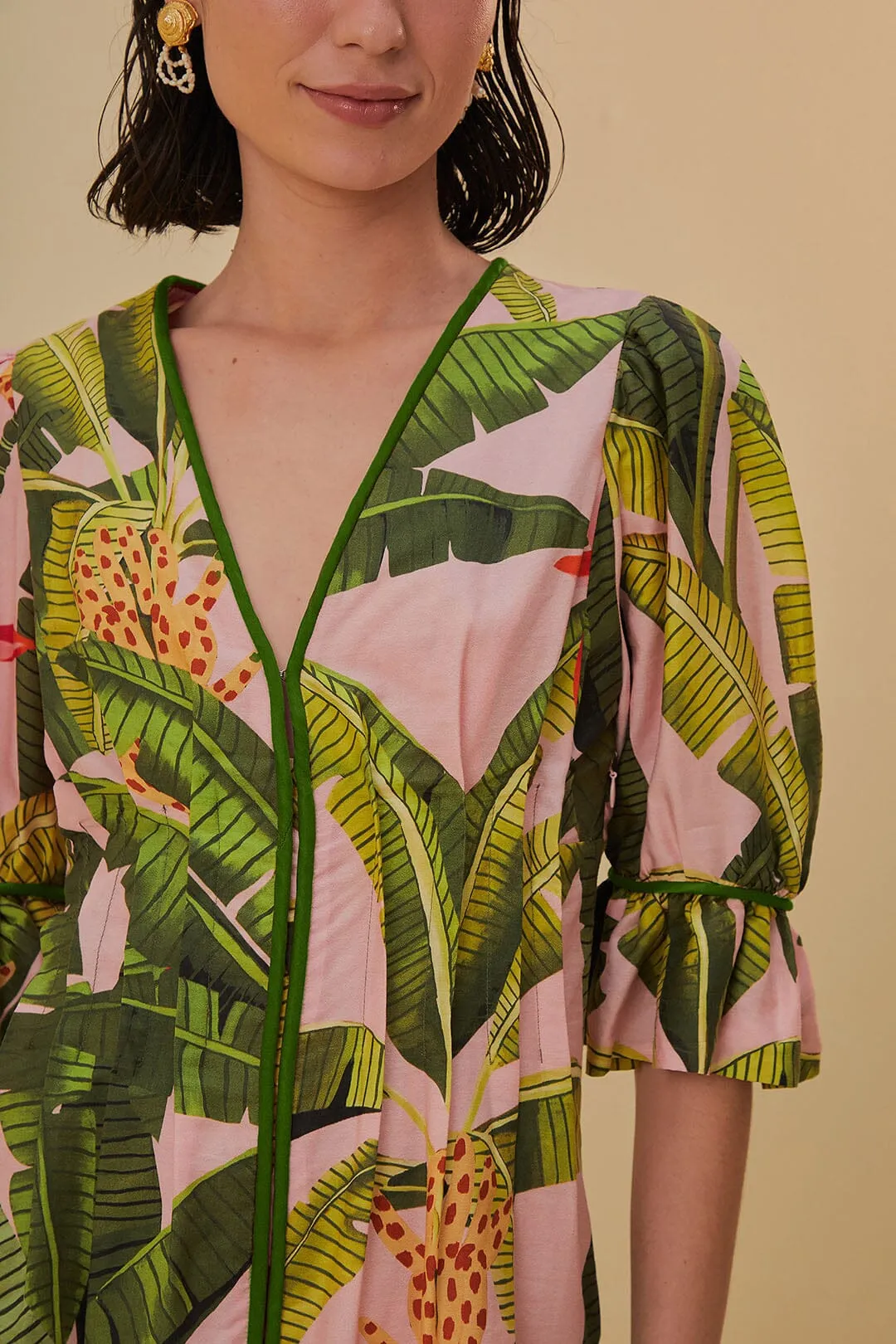 Pink Banana Leaves V Neck Mini Dress sold by FARM Rio product image thumbnail 3